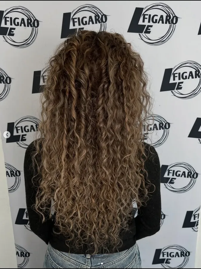 Lange Locken mit blonden Strähnen, Rückansicht
