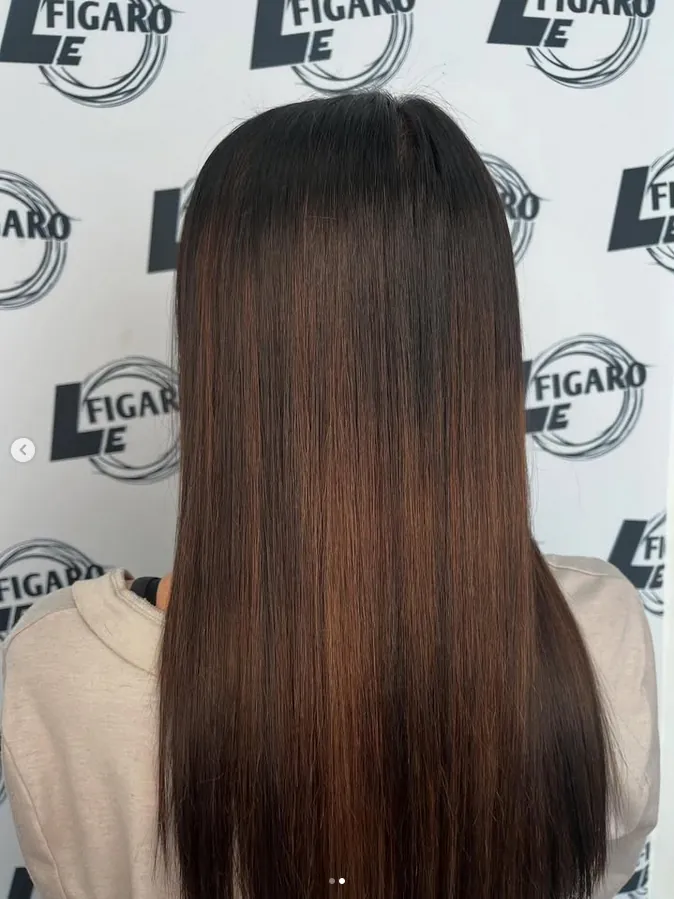 Lange, glatte Haare in Dunkelbraun mit kupferfarbenem Schimmer